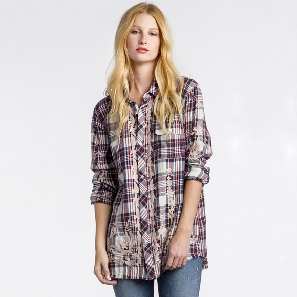 Miss Me Vintage plaid button down shirt embroidery
